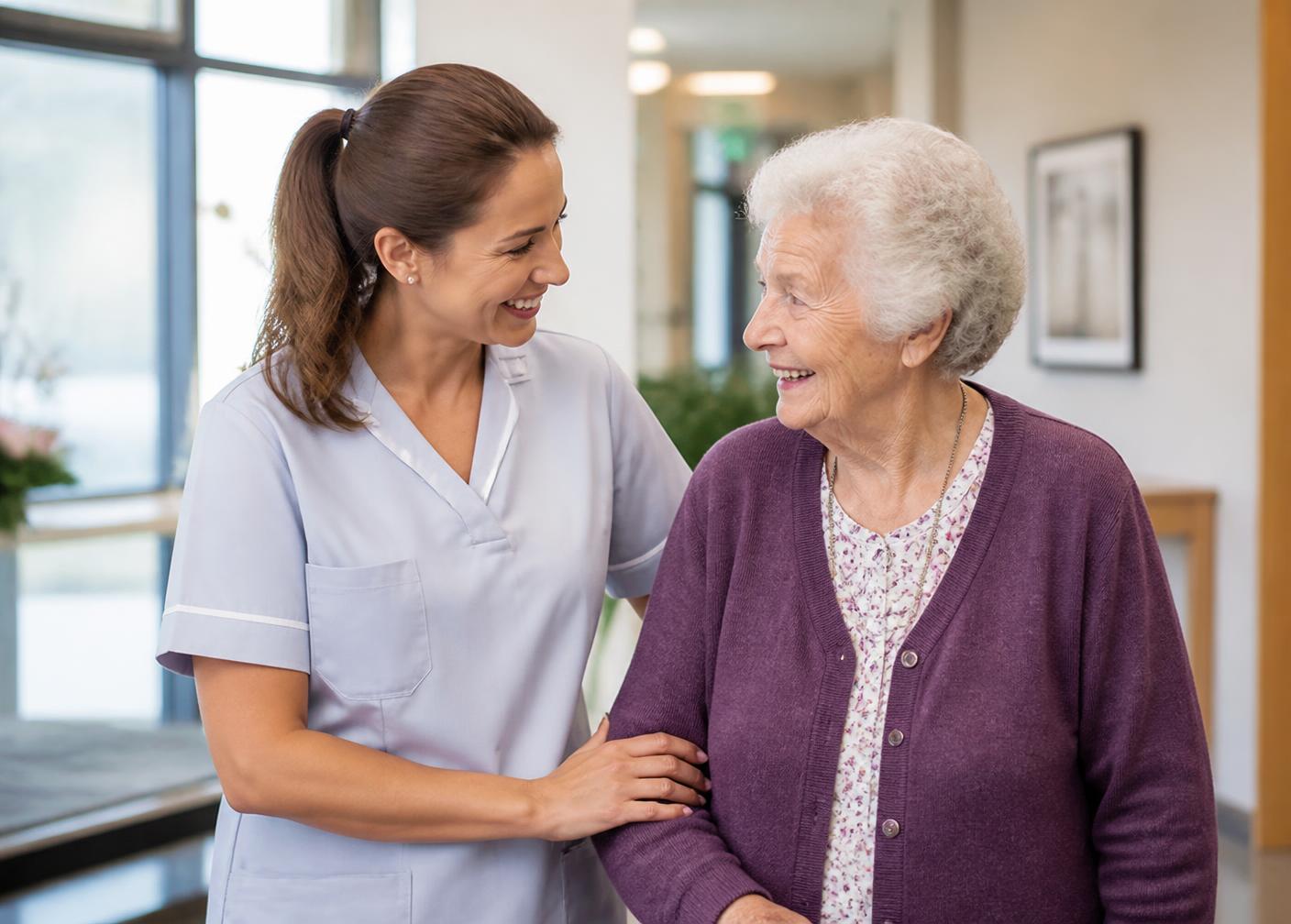 An Assured Residential Senior Care caregiver walking with a senior client
