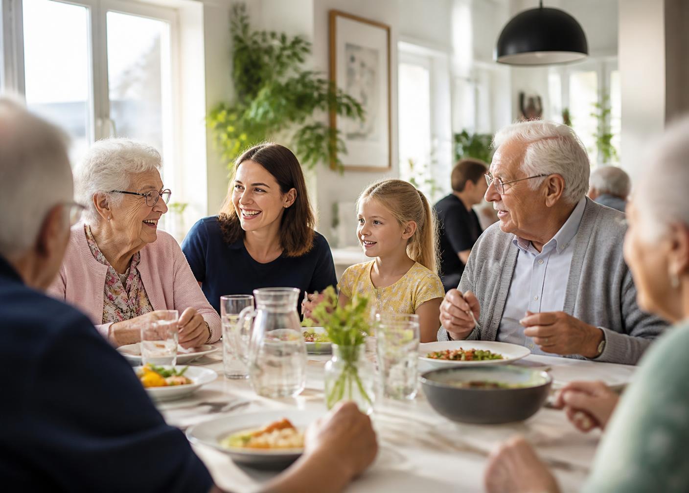 A senior woman and her family sharing a meal at a sunlit table